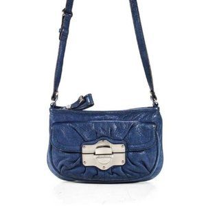B Makowsky Denim Blue and Leather Crossbody With Bold Chrome Accents